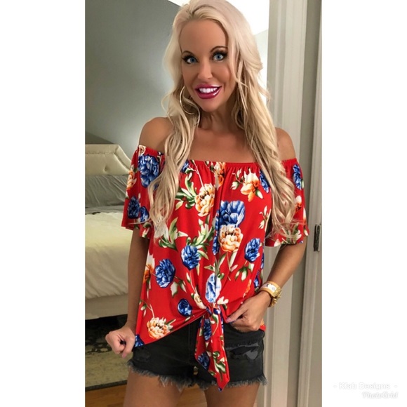 ❤️LAST 1! Stunning Red Off Shoulder Front Tie Top - Picture 2 of 4